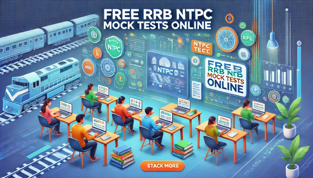 DALL·E 2025-01-05 12.29.54 – A vibrant and modern website banner for ‘Free RRB NTPC Mock Tests Online’, featuring a digital classroom setting with students taking mock tests on la